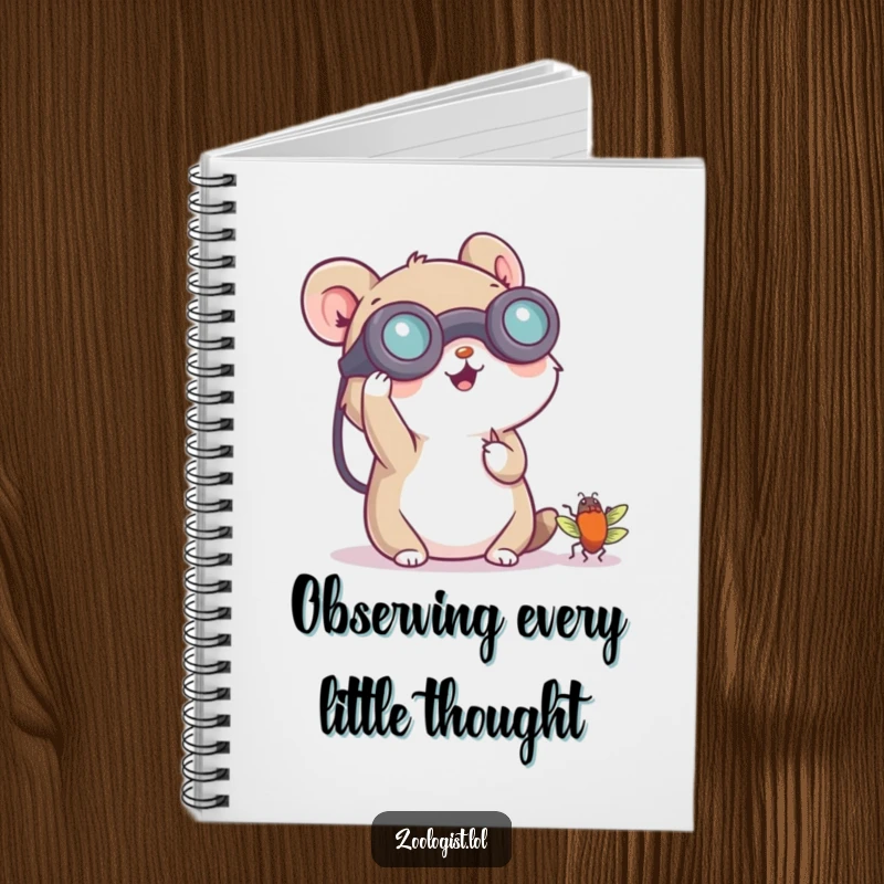 Funny notebook cover with a small animal character cheerfully using binoculars to observe a tiny bug, perfect for nature journaling.