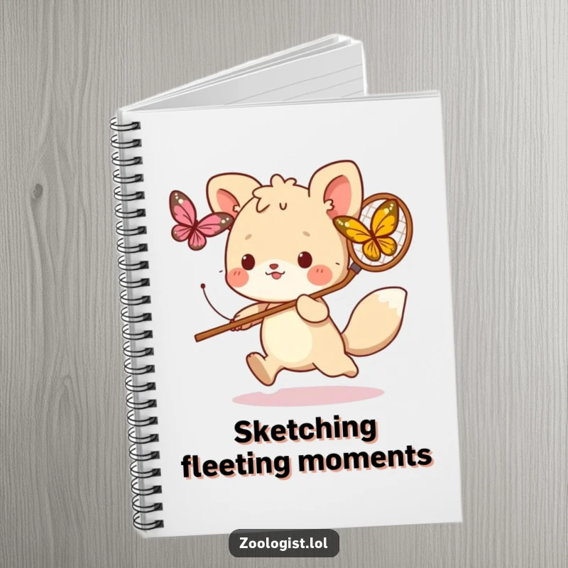 Funny notebook cover with a cute animal character playfully chasing a butterfly with a net, encouraging energetic note-taking and creative expression.