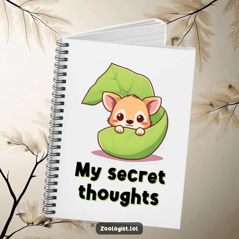 Funny curious animal notebook with a cute creature peeking from behind a large leaf, perfect for jotting down discoveries.