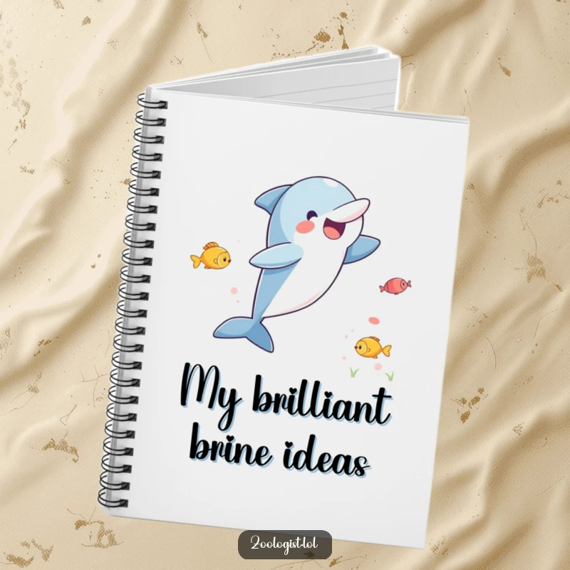 Funny notebook cover art of an excited dolphin leaping energetically, observing fish, perfect for capturing ideas and inspiration.