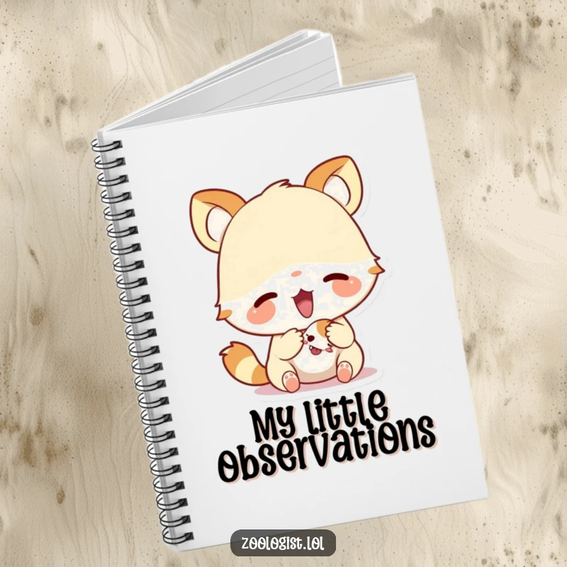 Funny notebook cover featuring a cute animal character excitedly examining a tiny creature, perfect for recording thoughts and observations.