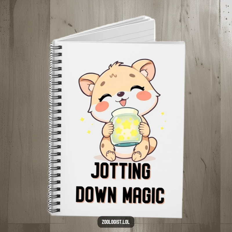 Funny notebook cover with a cute animal character giggling joyfully while holding a jar brimming with bright, enchanting fireflies.