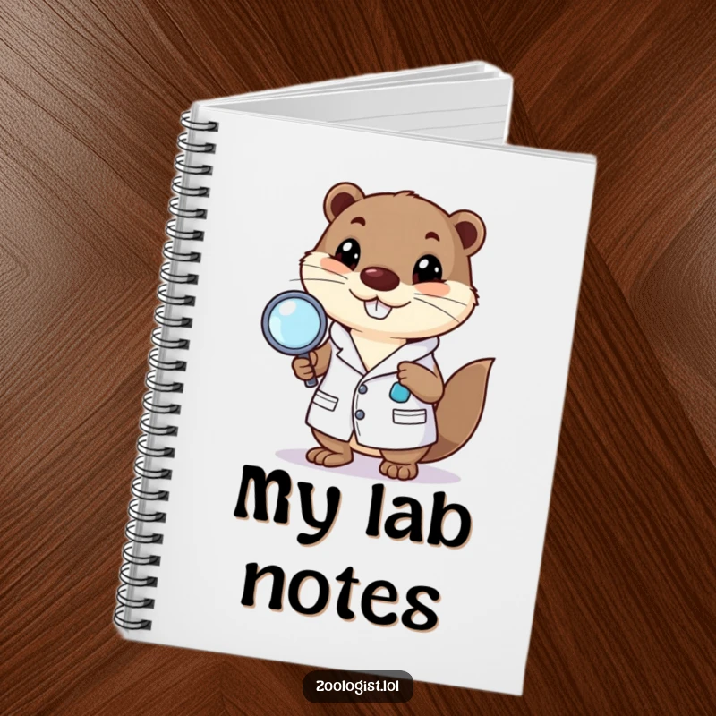Funny notebook with a happy otter character in a lab coat holding a magnifying glass, ideal for notes.