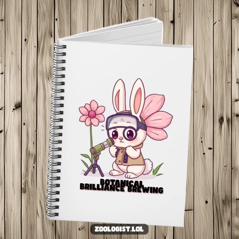 Funny Kawaii Rabbit Zoologist Notebook: A determined bunny zoologist examines a giant flower, perfect for note-taking with a humorous botanical twist.