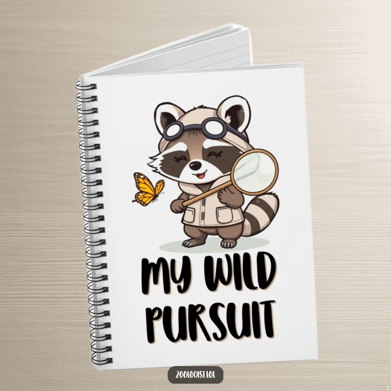 Funny Kawaii raccoon zoologist character chasing a butterfly with a net, a humorous notebook for zoology and nature observations.