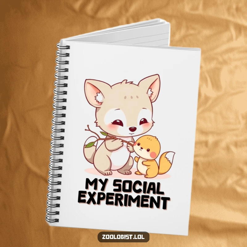 Funny Notebook: Curious animal character gently nudging a small creature with a twig, ideal for journaling kind thoughts.