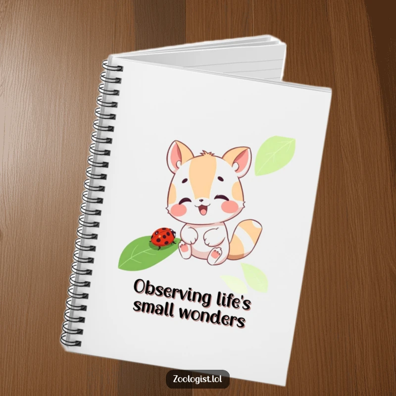 Funny notebook cover with a cute animal character gleefully observing a ladybug on a leaf, inspiring joyful note-taking and creative thought.