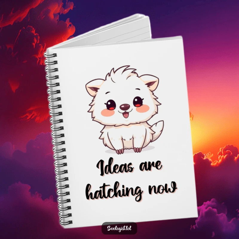 Funny notebook cover showing a cute animal character delightedly sketching a strange, wonderful creature with artistic fervor.