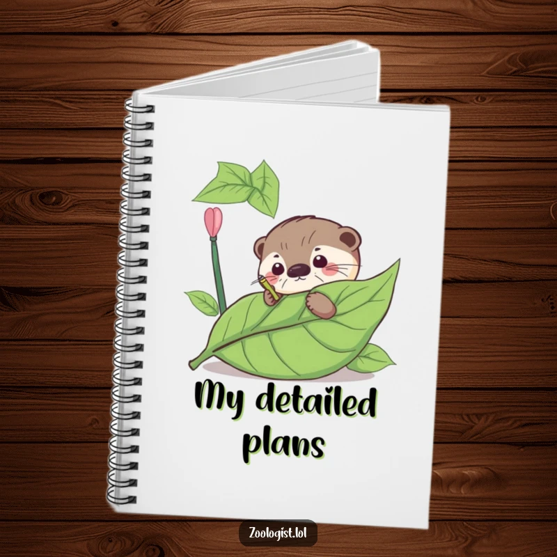 Funny notebook with a curious otter meticulously annotating a giant leaf, perfect for detailed note-taking.