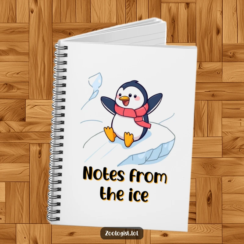 Funny cheerful penguin zoologist sliding down an icy slope on a notebook cover, perfect for jotting notes and as a humorous gift.