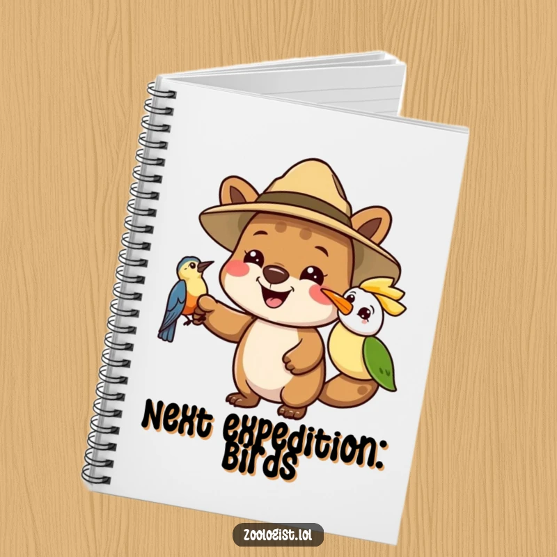 Funny notebook cover featuring a joyful animal explorer in a safari hat pointing at a bird, perfect for documenting adventures and ideas.