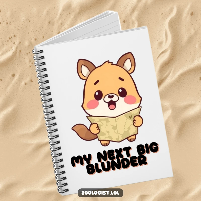 Funny notebook cover featuring a cute animal character with a surprised expression looking at a map, ideal for jotting down thoughts.