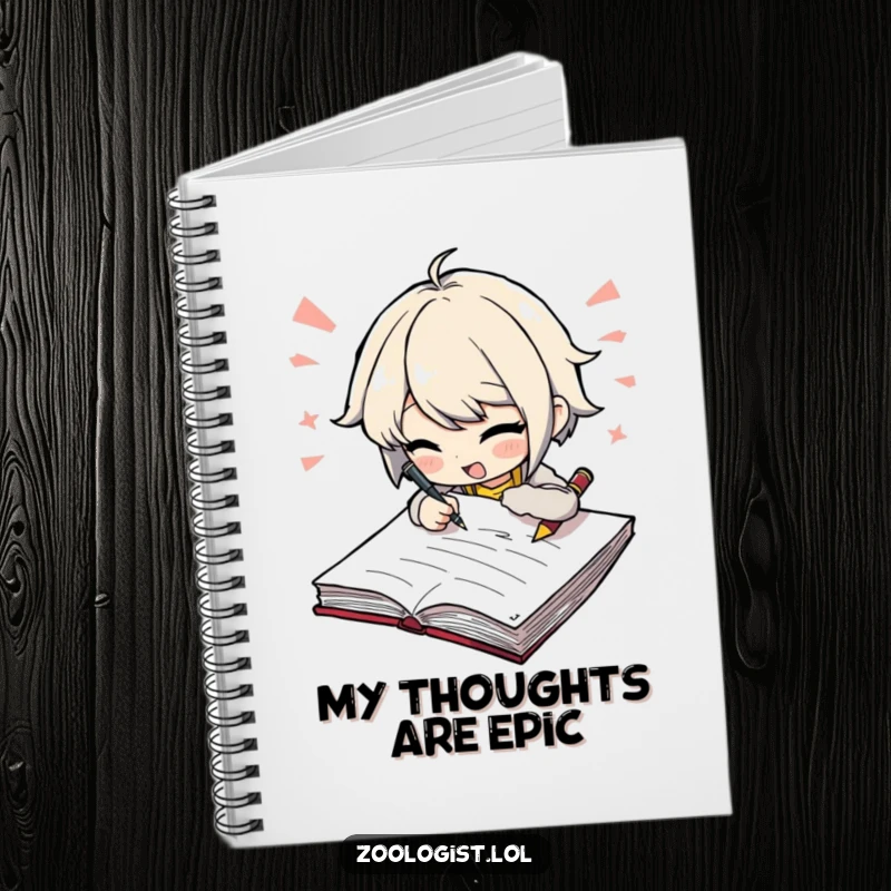 Funny notebook with a character scribbling furiously in a large notebook, perfect for jotting down ideas. A humorous and practical gift.