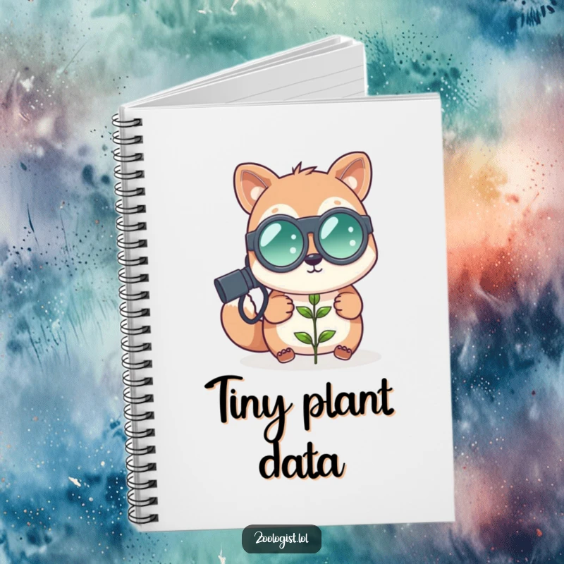 Funny cute animal zoologist with oversized binoculars looking at a tiny plant, lined notebook, nature journal, perfect funny gift.