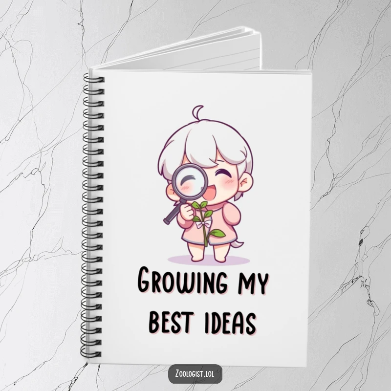 Funny notebook with a character examining a plant with a magnifying glass, perfect for jotting down nature notes. A humorous and practical gift.
