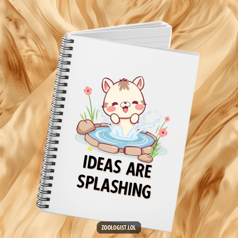 Funny notebook cover with a cute animal character joyfully splashing water from a small pond, with a wide, happy smile.