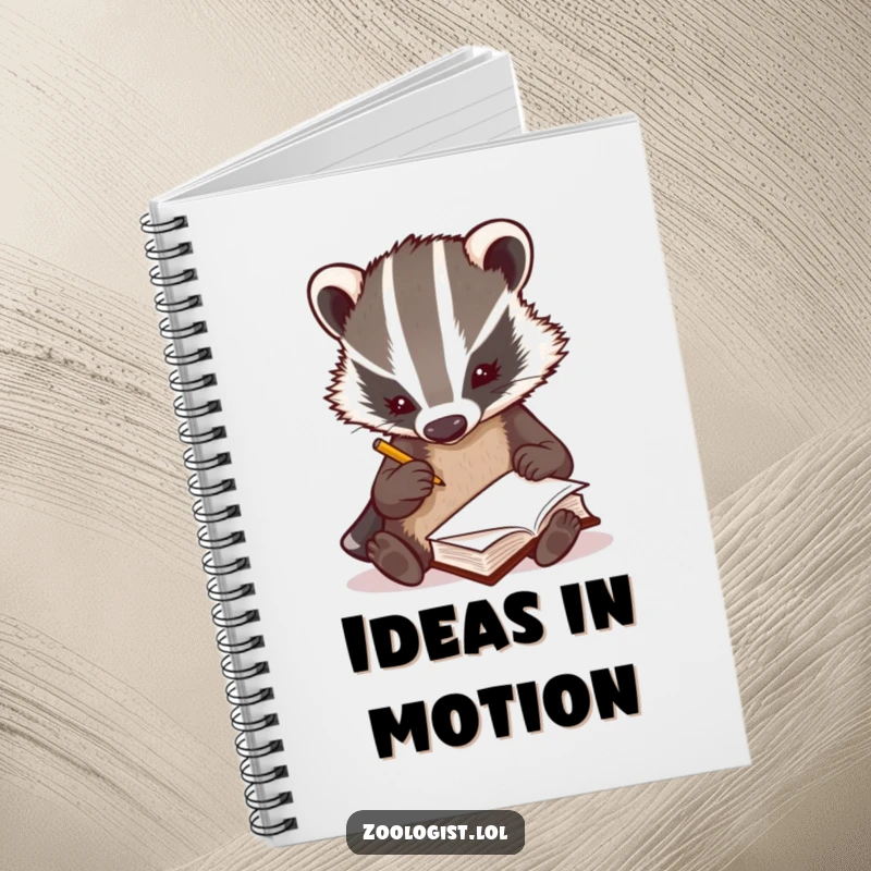 Funny curious badger zoologist scribbling notes rapidly in a tiny book, lined notebook, research journal, perfect funny gift.