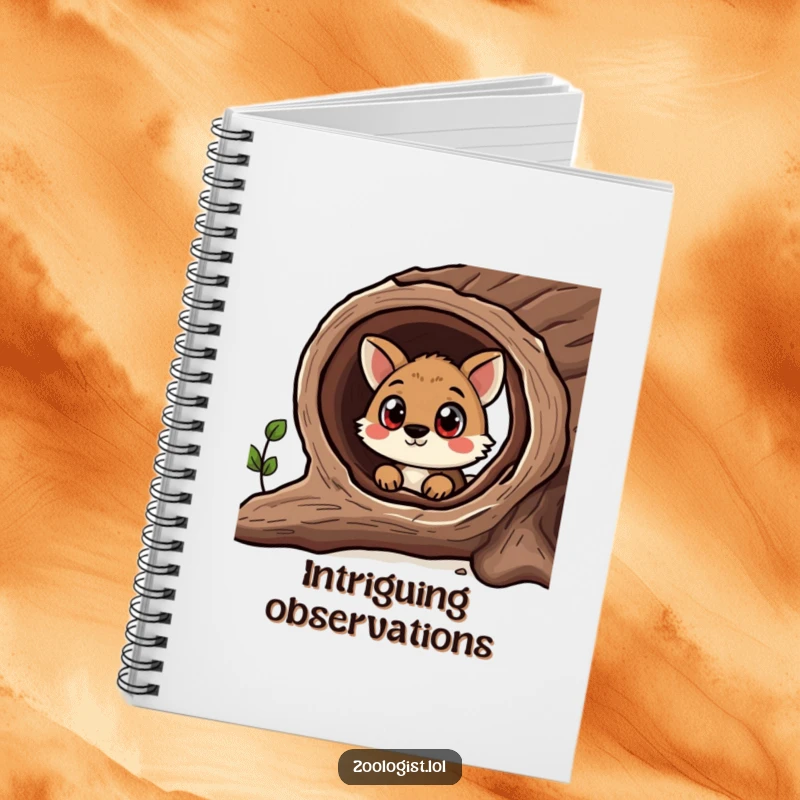 Funny notebook featuring a curious animal with wide eyes peering into a hollow log, perfect for logging thoughts and discoveries.