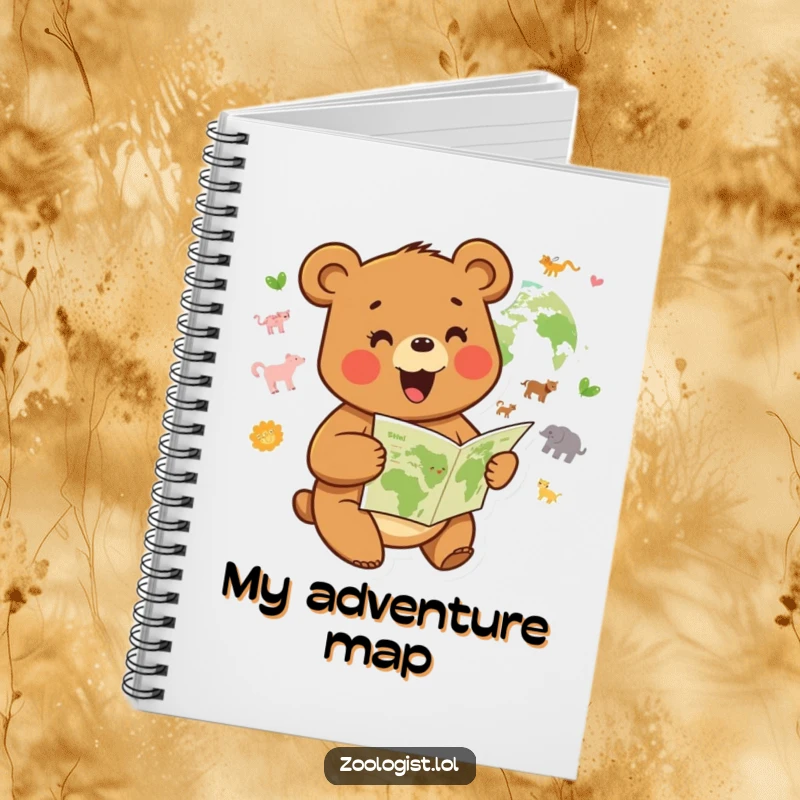 Funny notebook with a joyful bear character studying a map of animal habitats, ideal for notes.