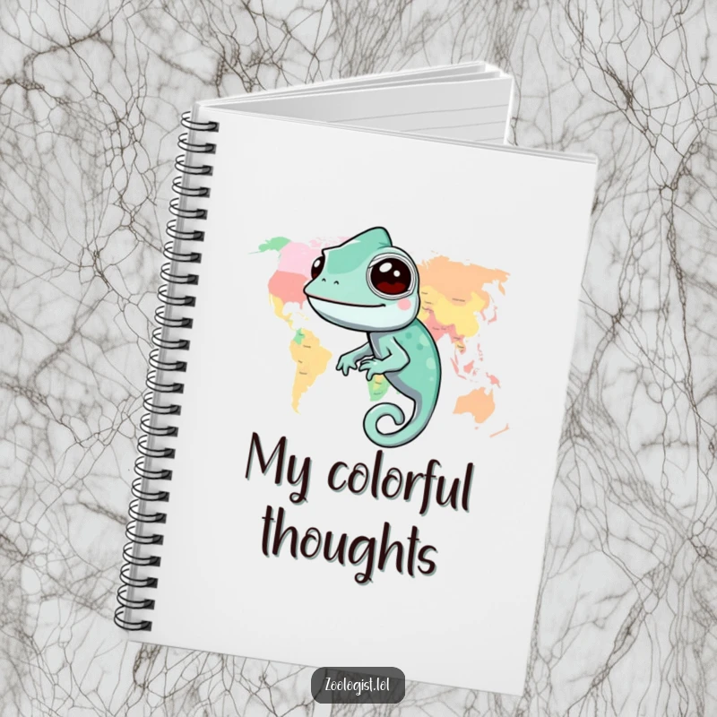 Funny chameleon notebook with a happy chameleon blending into a colorful world map, ideal for travel journaling.