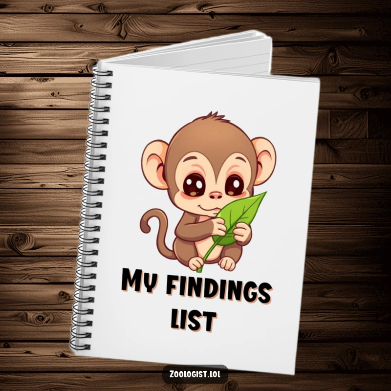 Funny notebook with a curious monkey character examining a leaf, ideal for notes and observations.