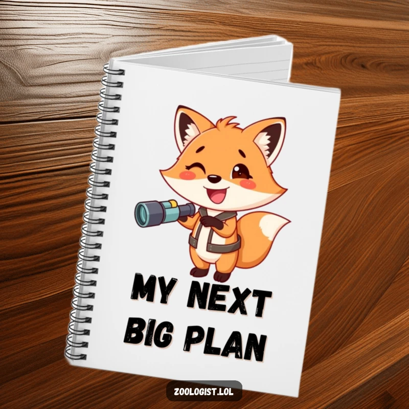 Funny fox notebook, a smiling fox holding binoculars and pointing, perfect for jotting down adventure plans and creative ideas.