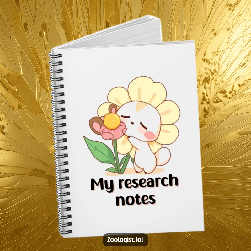 Funny notebook with a curious animal gently poking a large sleepy flower, ideal for capturing notes with a touch of whimsical humor.