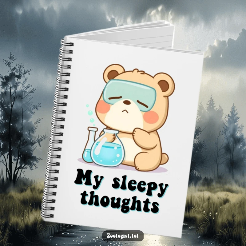 Funny Kawaii bear zoologist character yawning near a bubbling beaker, a humorous notebook for lab notes and scientific observations.