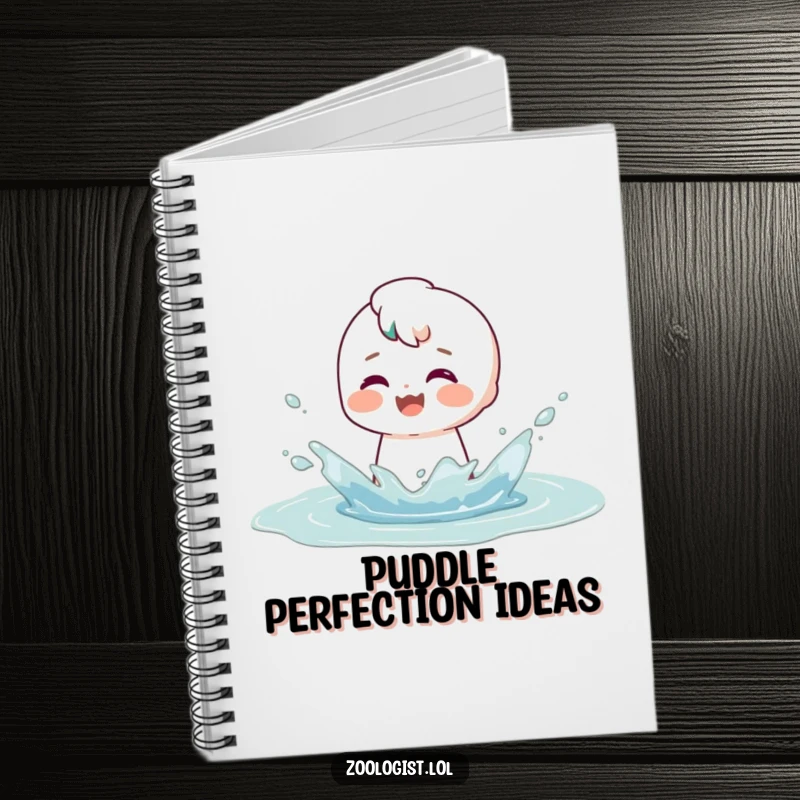 Funny notebook cover displaying a character joyfully splashing in a puddle, their satisfied smile conveying pure, playful happiness.