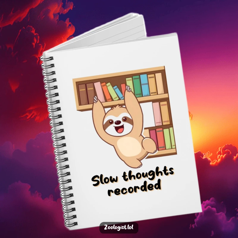 Funny delighted sloth character playfully dangling from a bookshelf, on a notebook cover for jotting ideas.