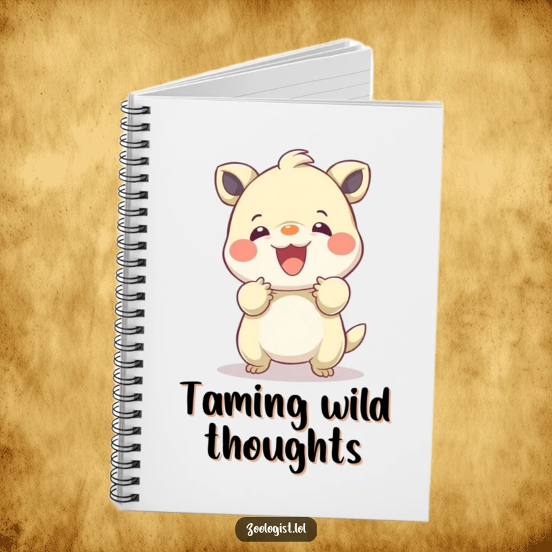 Funny notebook with a character gently taming a bouncy creature, ideal for journaling kind thoughts and creative ideas.