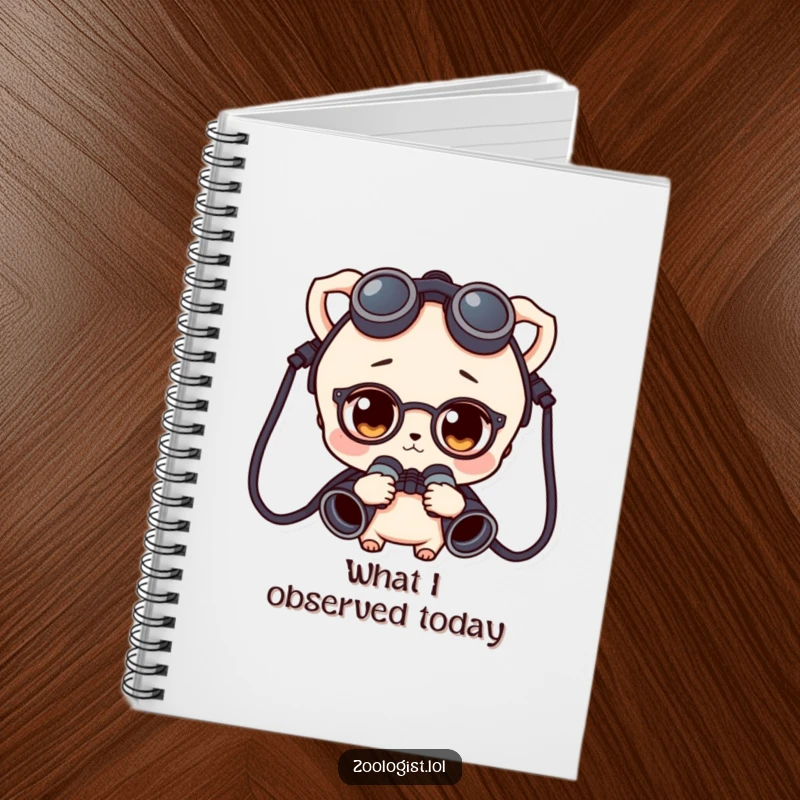Funny character wearing binoculars around their neck, looking curious, displayed on the cover of a notebook for note-taking.