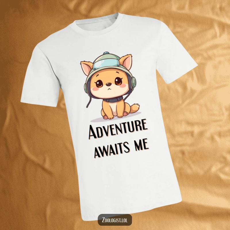Funny t-shirt depicting a cute animal character in a pith helmet, looking around curiously, conveying a sense of adventure and wonder.