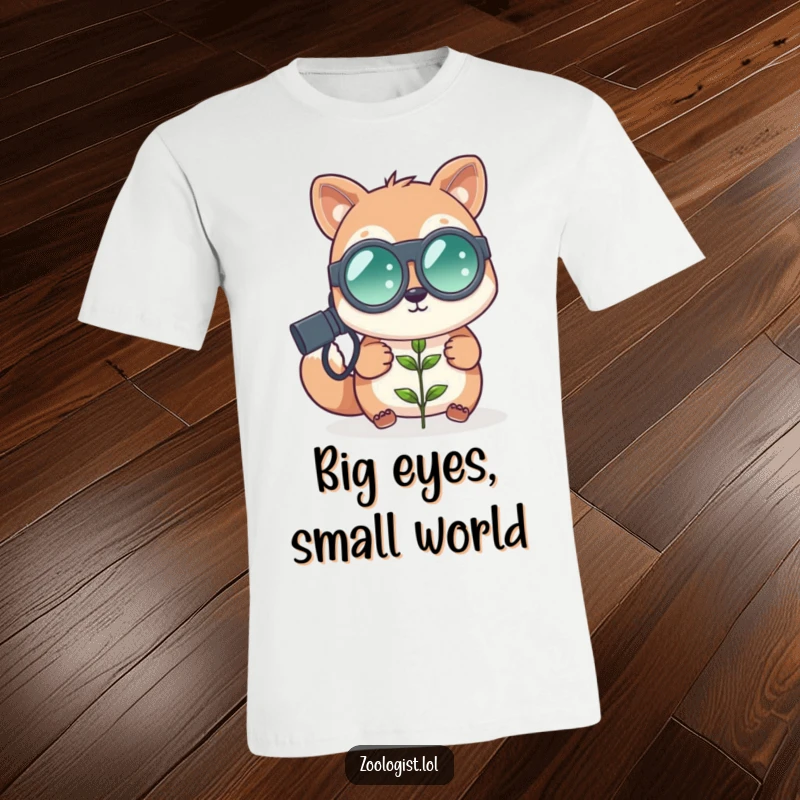 Funny cute animal zoologist with oversized binoculars looking at a tiny plant, nature exploration t-shirt, perfect funny gift.