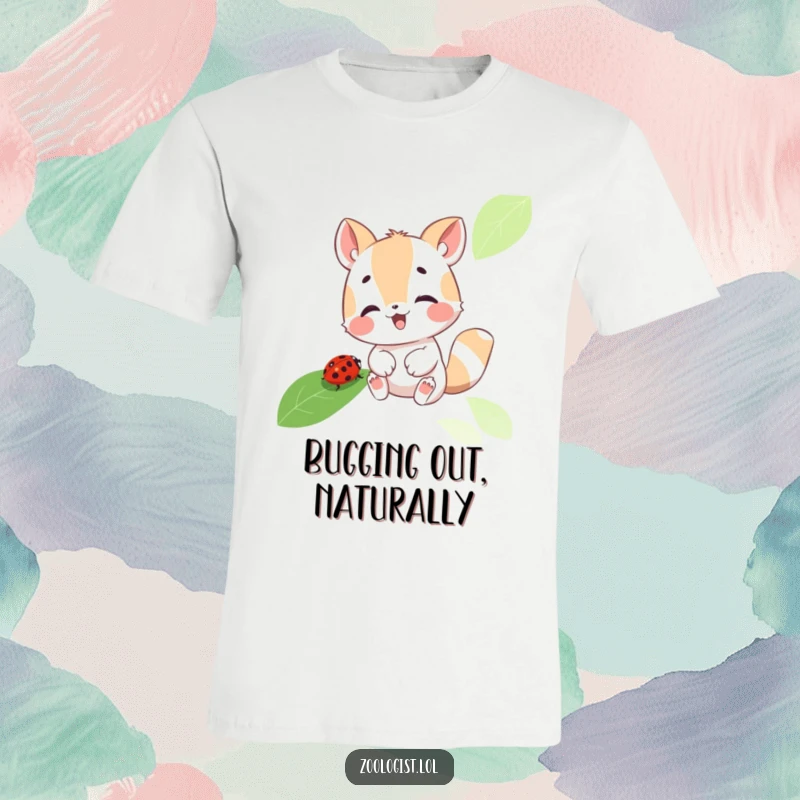 Funny t-shirt with a cute animal character engrossed in examining a tiny ladybug on a leaf, radiating innocent fascination and happiness.
