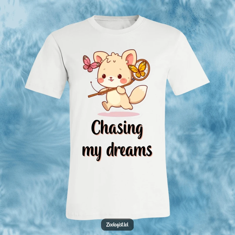 Funny t-shirt depicting a cute animal character with a net, excitedly chasing a butterfly, capturing a moment of pure, gleeful fun.