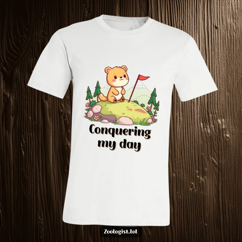 Funny t-shirt featuring a cheerful animal surveying a landscape and planting a flag, representing joy, adventure, and humor.