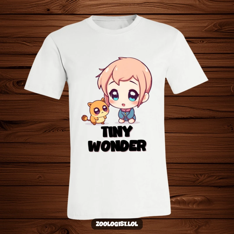 Funny t-shirt showing a character with huge, amazed eyes staring intently at a minuscule creature, highlighting fascination and wonder.