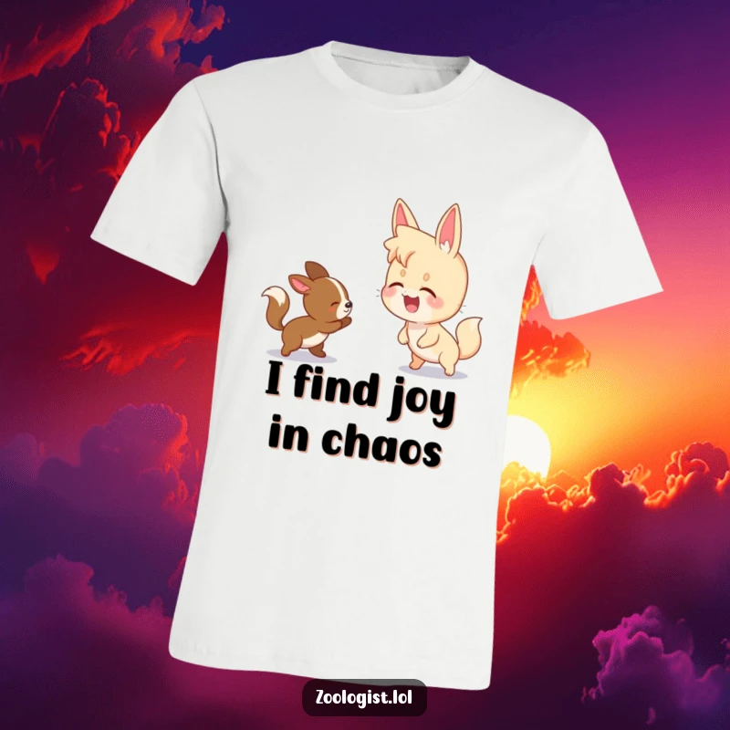 Funny t-shirt illustration of a character laughing at two animals playfully chasing each other, conveying pure joy.