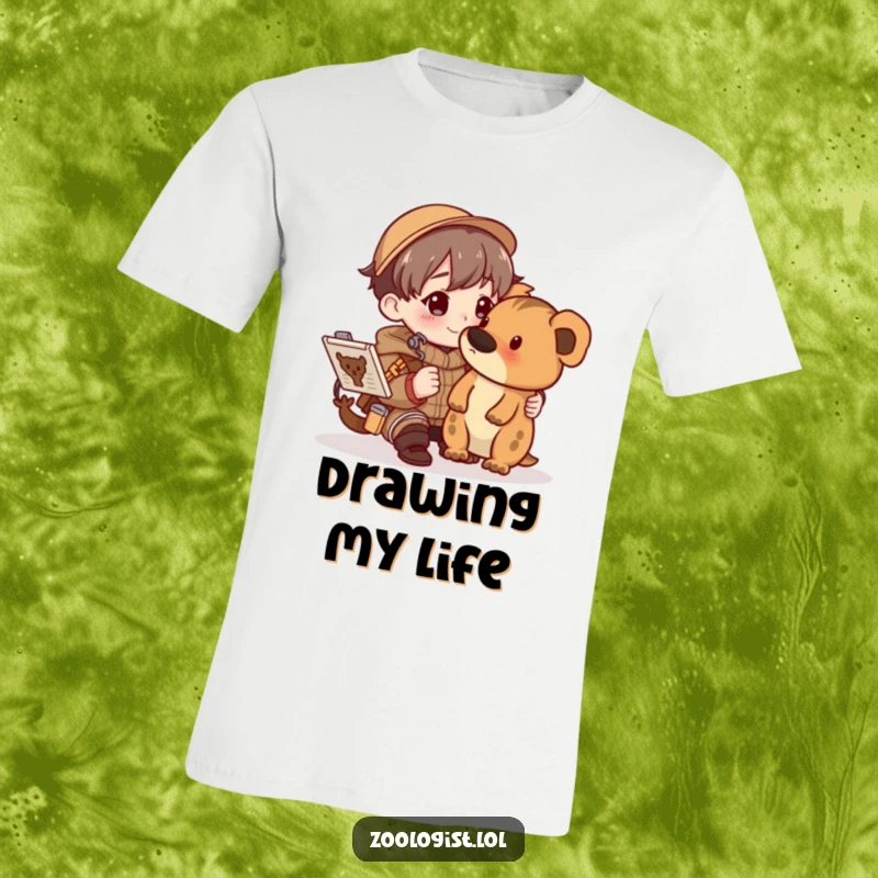 Funny character happily sketching an animal within a detailed field guide, printed on a comfortable t-shirt.