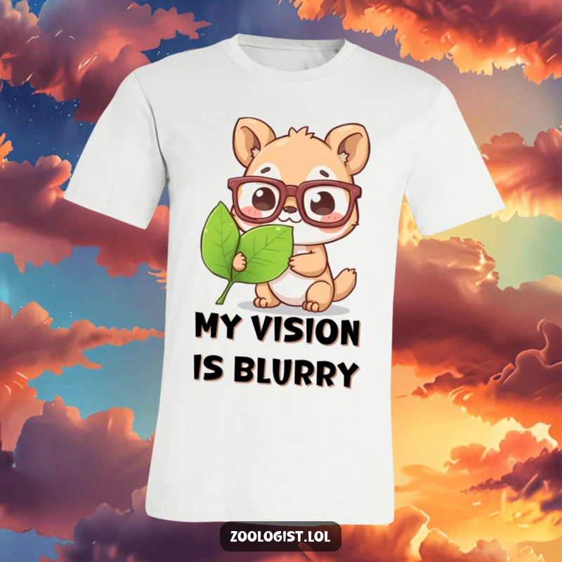 Funny T-Shirt: Cute animal character sports oversized glasses, looking closely at a leaf, radiating scientific curiosity.