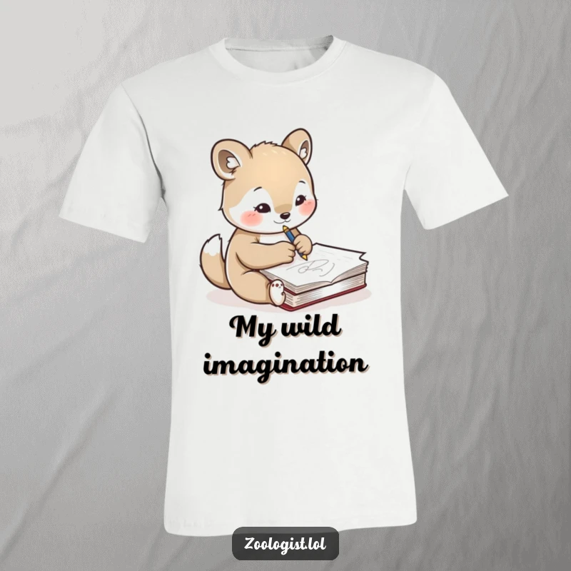 Funny t-shirt depicting a cute animal character focused intently on sketching another animal in a notebook, radiating artistic concentration and passion.