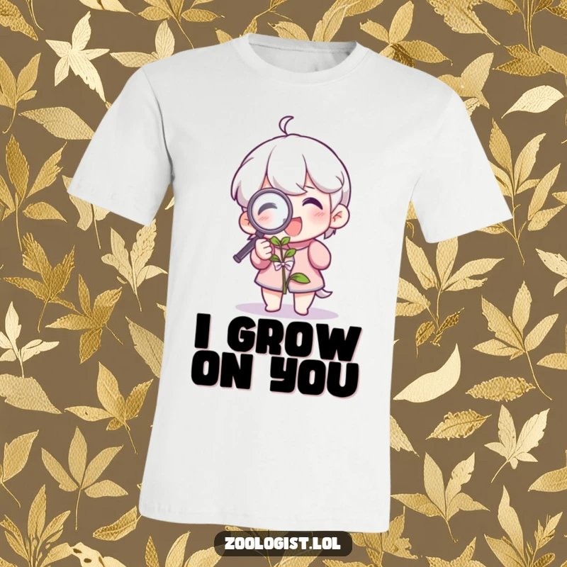 Funny t-shirt depicting a cheerful character examining a plant with a magnifying glass, ideal for botanists and greenery fans. A humorous apparel gift.