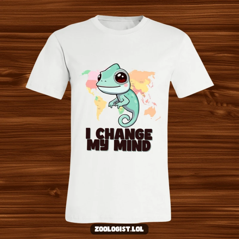 Funny chameleon t-shirt depicting a happy chameleon expertly camouflaged against a detailed and colorful world map pattern.