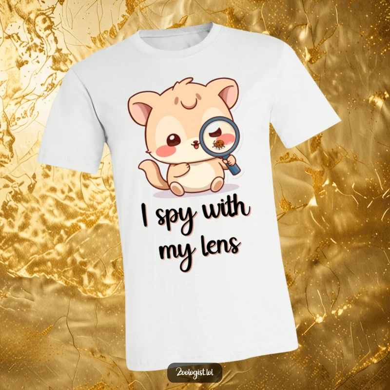 Funny T-Shirt: Playful animal character holds a magnifying glass, closely examining a small bug, embodying playful curiosity.