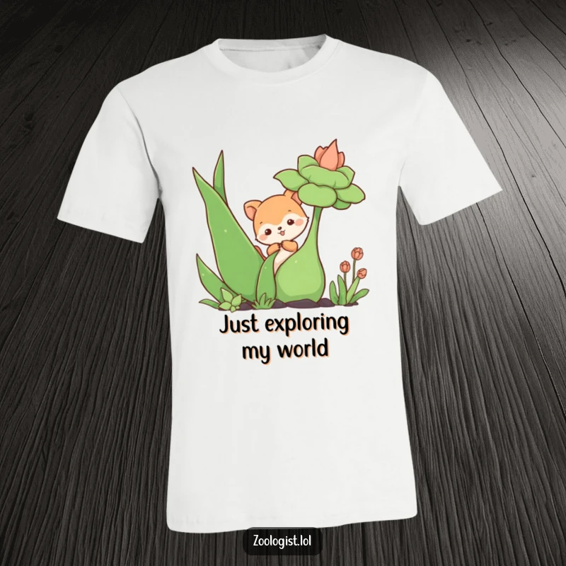 Funny t-shirt featuring a cute animal character with wide eyes curiously poking a huge, exotic plant, highlighting playful exploration.
