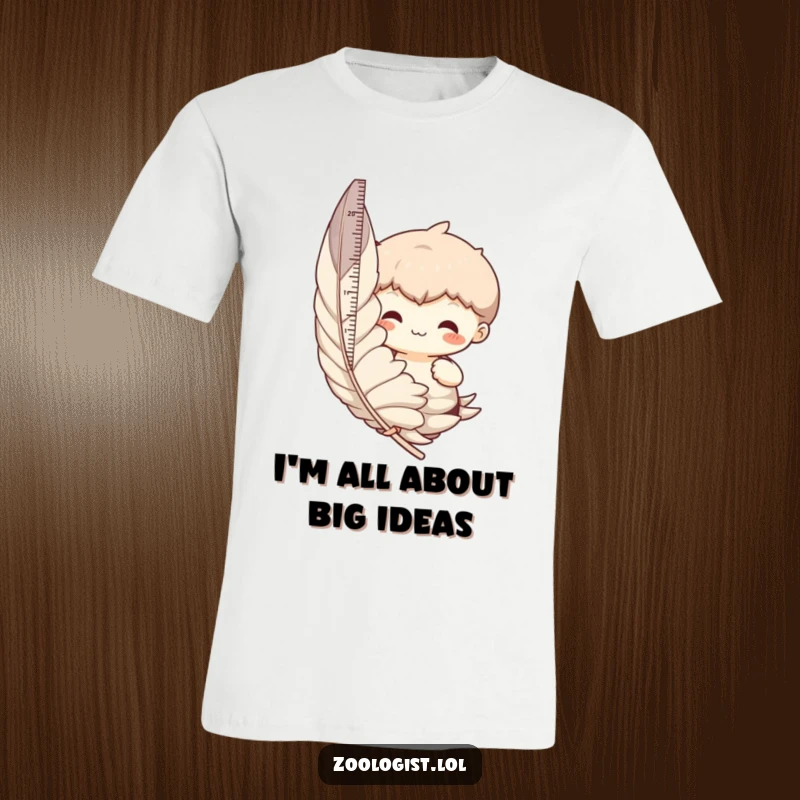 Funny t-shirt with a character carefully measuring a giant feather using a tape measure, exuding playful concentration and humor.