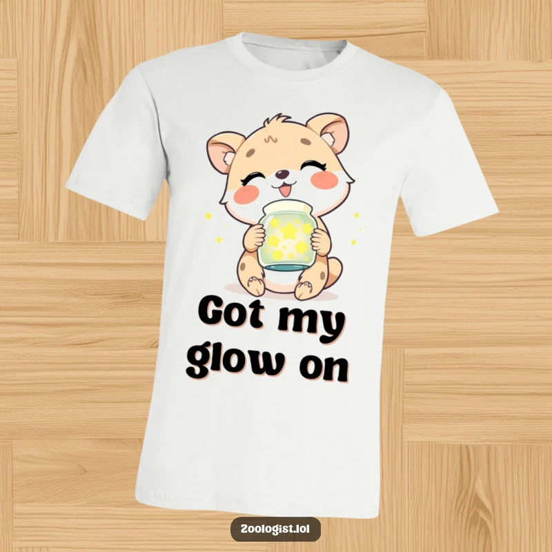 Funny animal t-shirt, a cute character giggling uncontrollably while holding a jar brimming with bright, magical fireflies.
