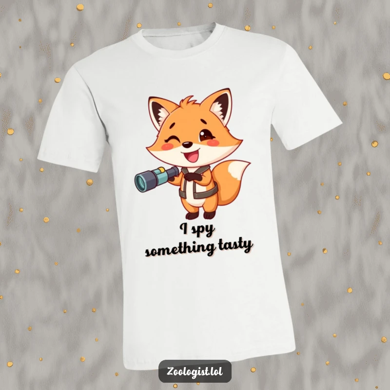 Funny fox t-shirt, a happy fox with binoculars excitedly pointing forward, conveying enthusiasm for exploration, great for outdoor enthusiasts.