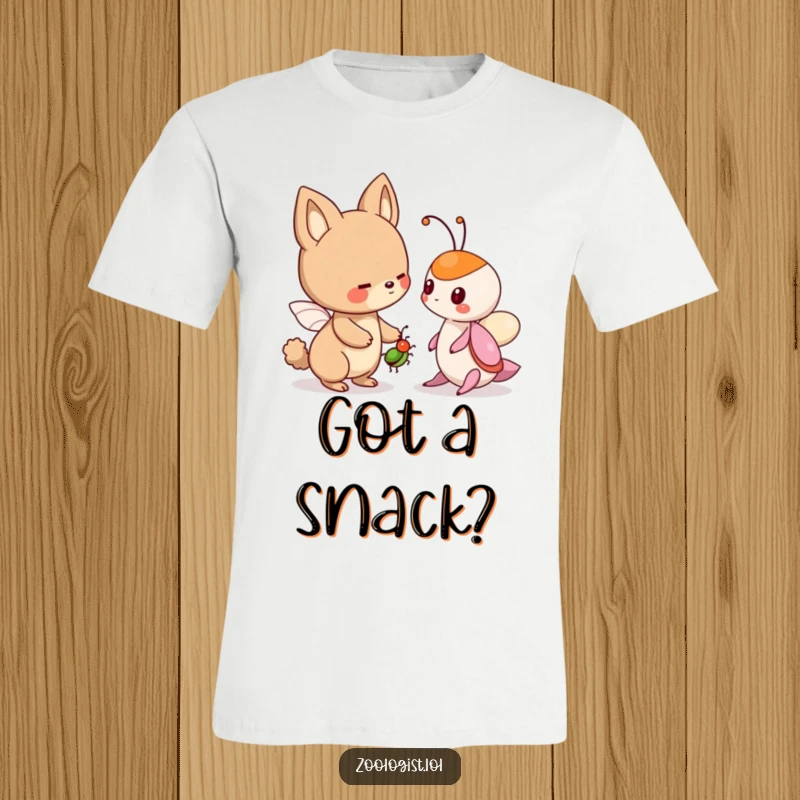 Funny t-shirt with a cute animal character offering a friendly bug to another creature, promoting kindness and friendship humorously.